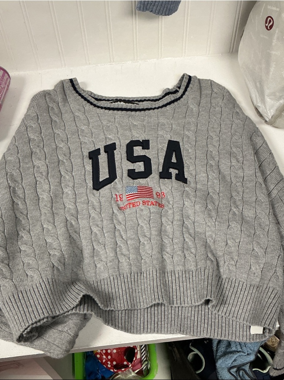 Charlotte Russe Gray Cable-Knit USA Crewneck Sweater with Navy Trim